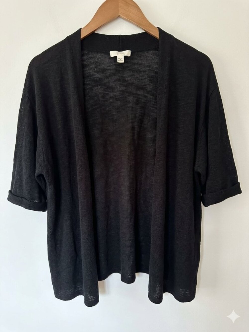 Eileen Fisher Black Open-Front Linen/Cotton Knit Cardigan, Elbow Sleeve, Size XL